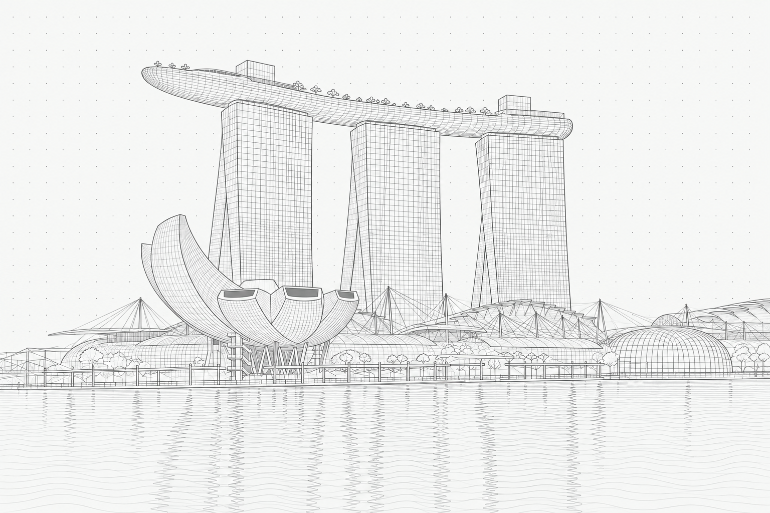 Line drawing of Marina Bay Sands and the ArtScience Museum across the bay